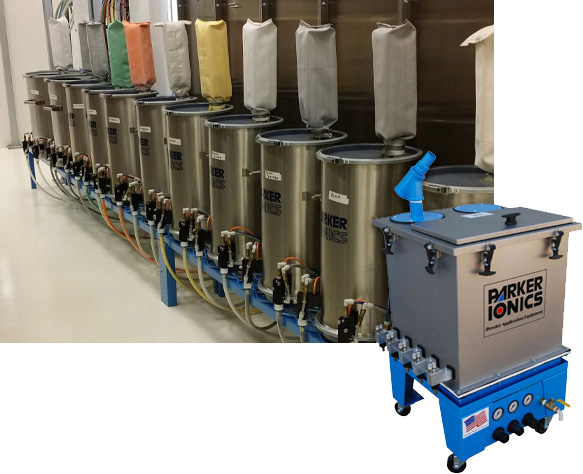 powder coating hoppers filled with multiple colors